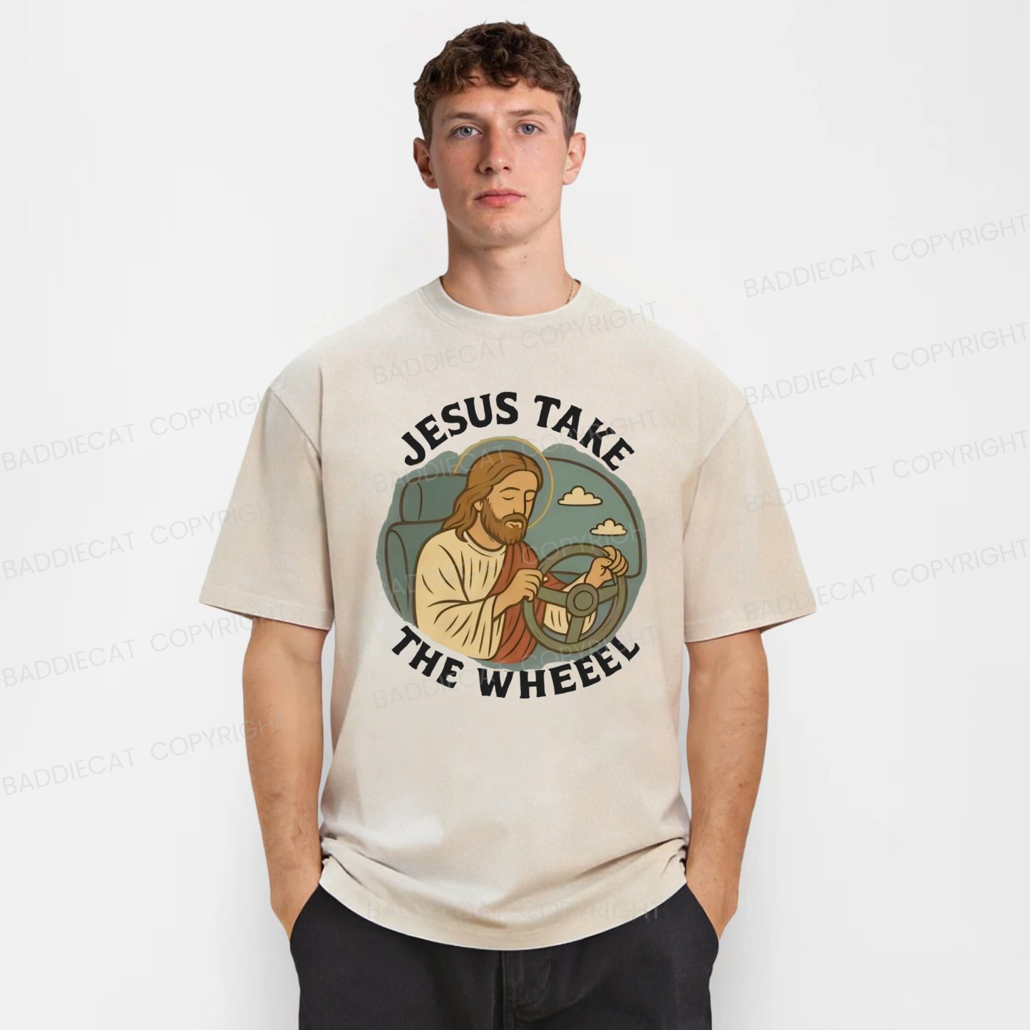 Baddiecat Jesus Take The Wheel Washed T-Shirt