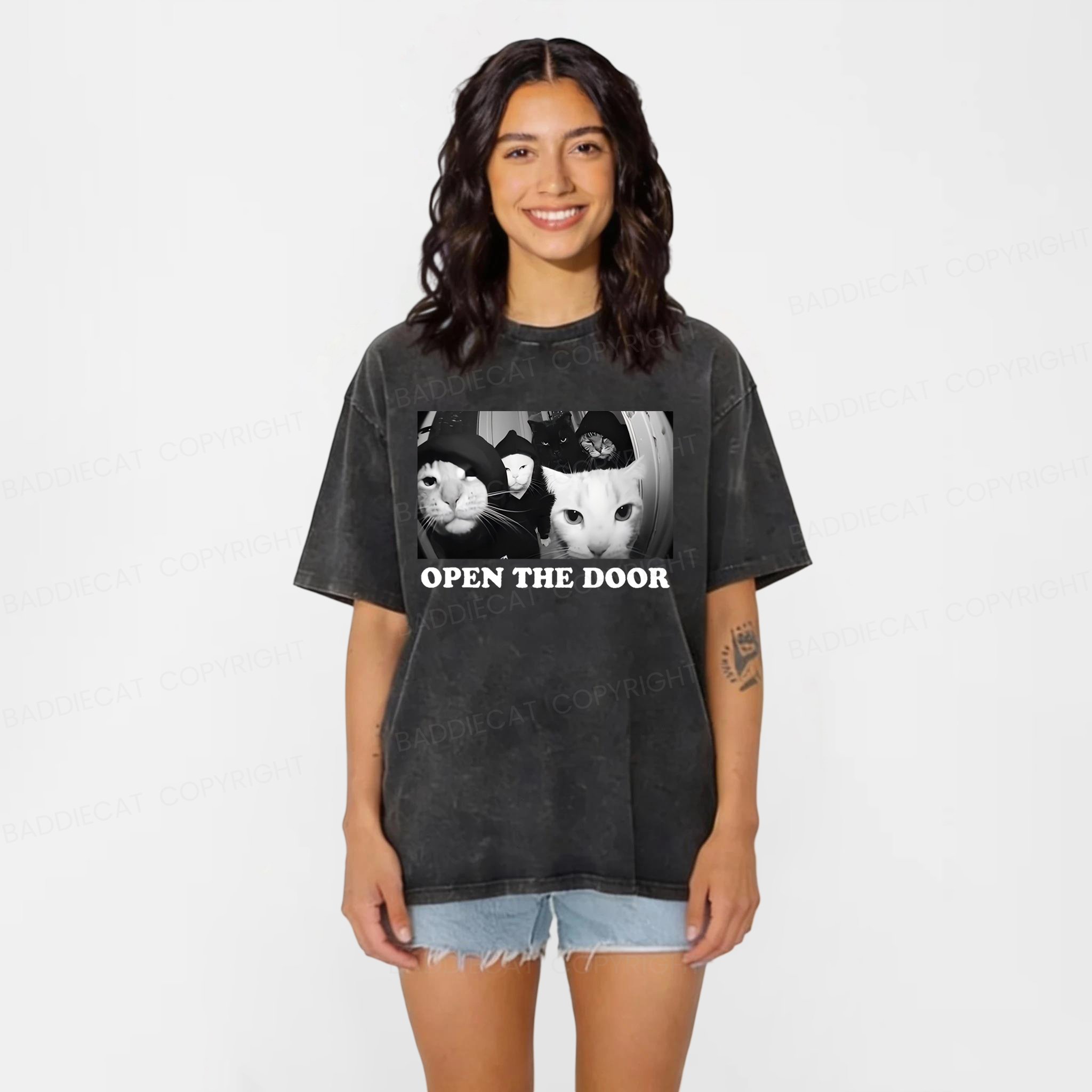 Baddiecat Cat Humor Open The Door Washed T-shirt