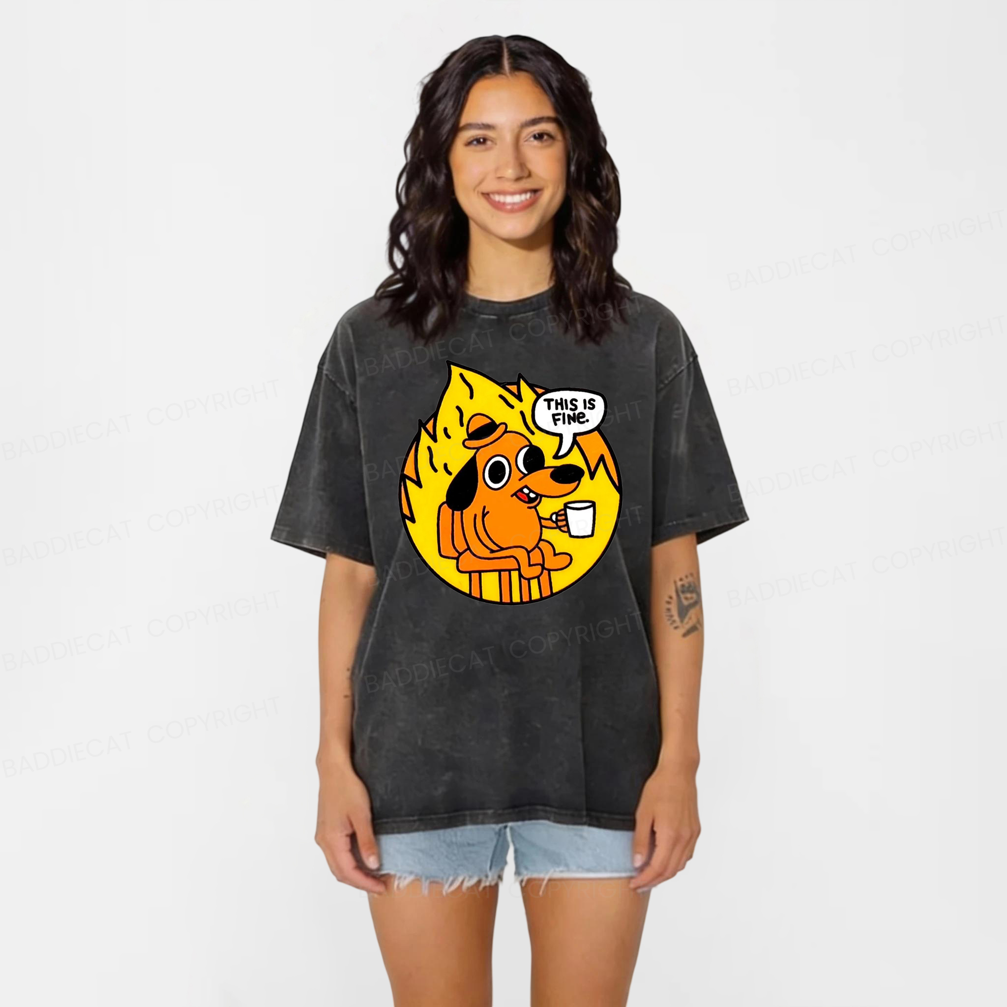 Baddiecat This Is Fine Dog On Fire Washed T-shirt