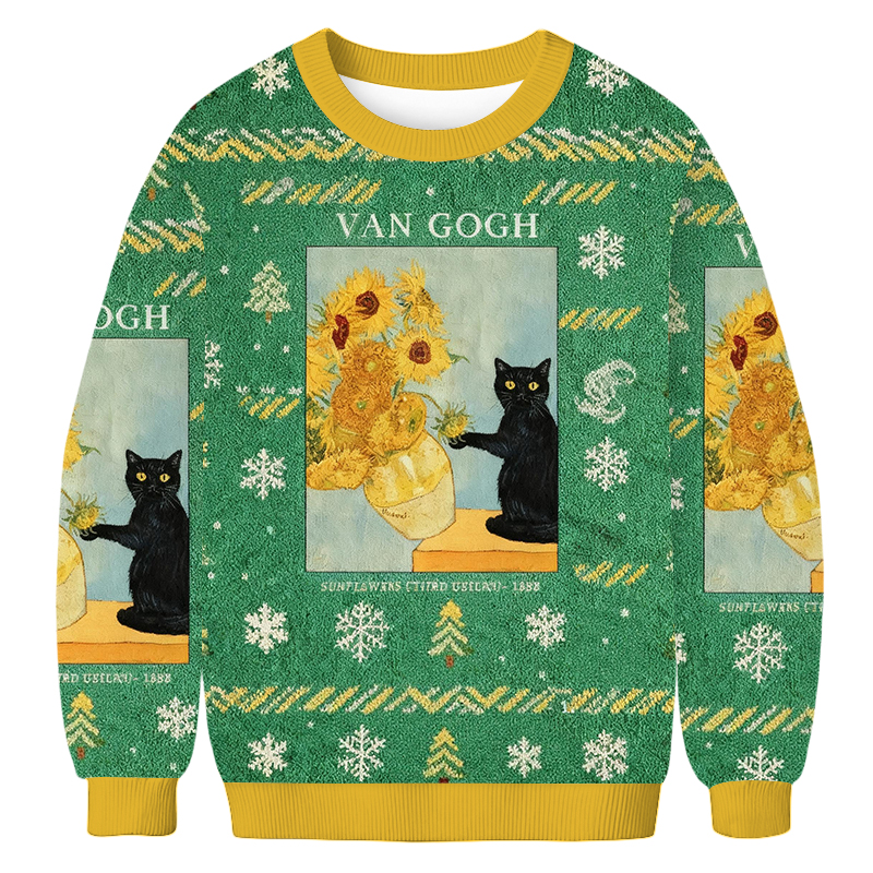 Baddiecat Van Gogh Black Cat Christmas Ugly Sweatshirt