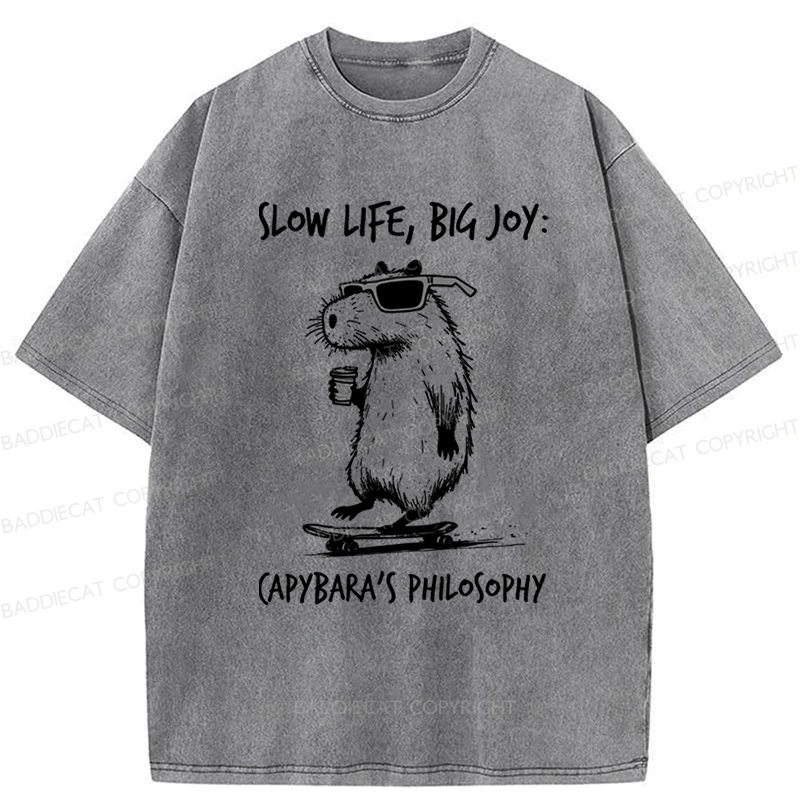 Baddiecat Capybara Playing On A Skateboard Washed T-Shirt
