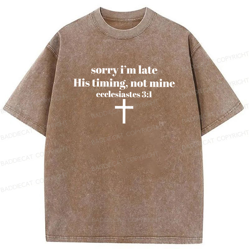 Baddiecat Sorry I’m Late His Timing Not Mine Washed T-shirt