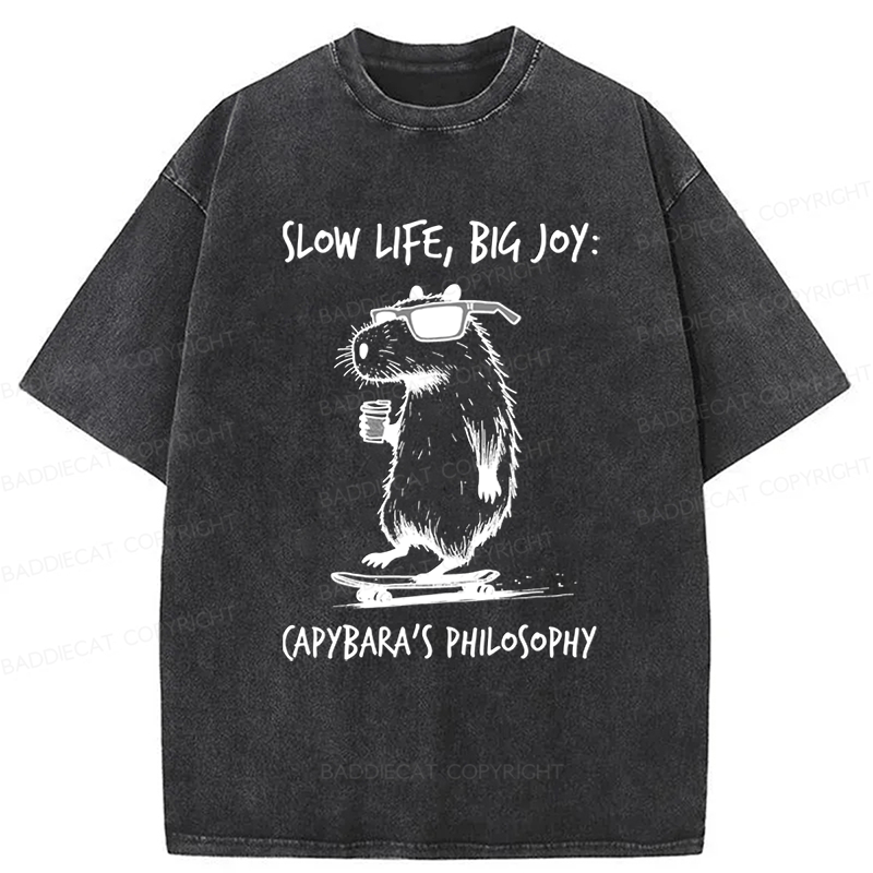 Baddiecat Capybara Playing On A Skateboard Washed T-Shirt