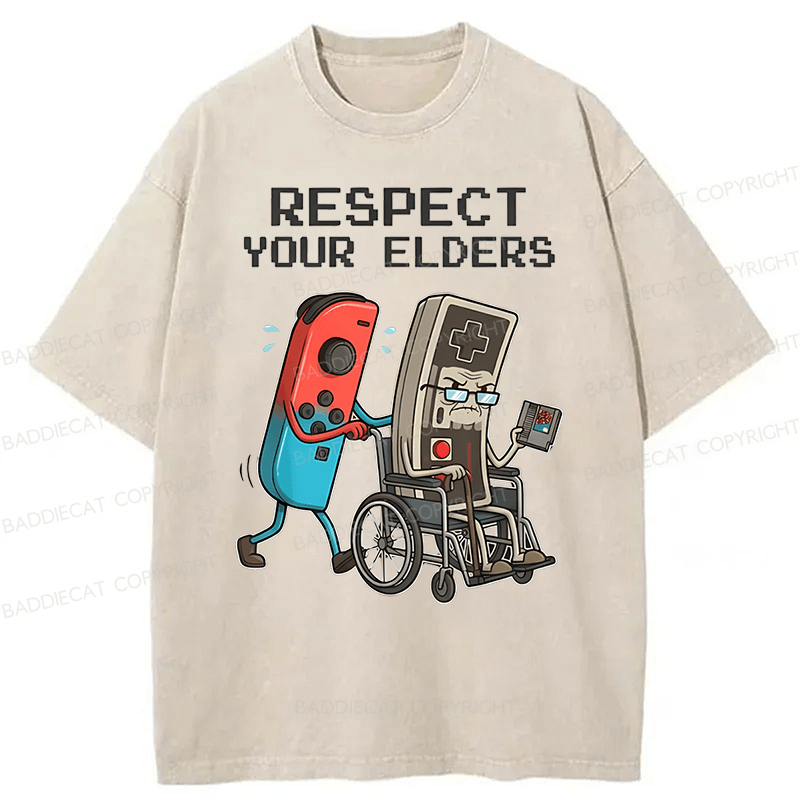 Baddiecat Retro Respect Your Elders Old Controller Vintage Gaming Funny Washed T-shirt