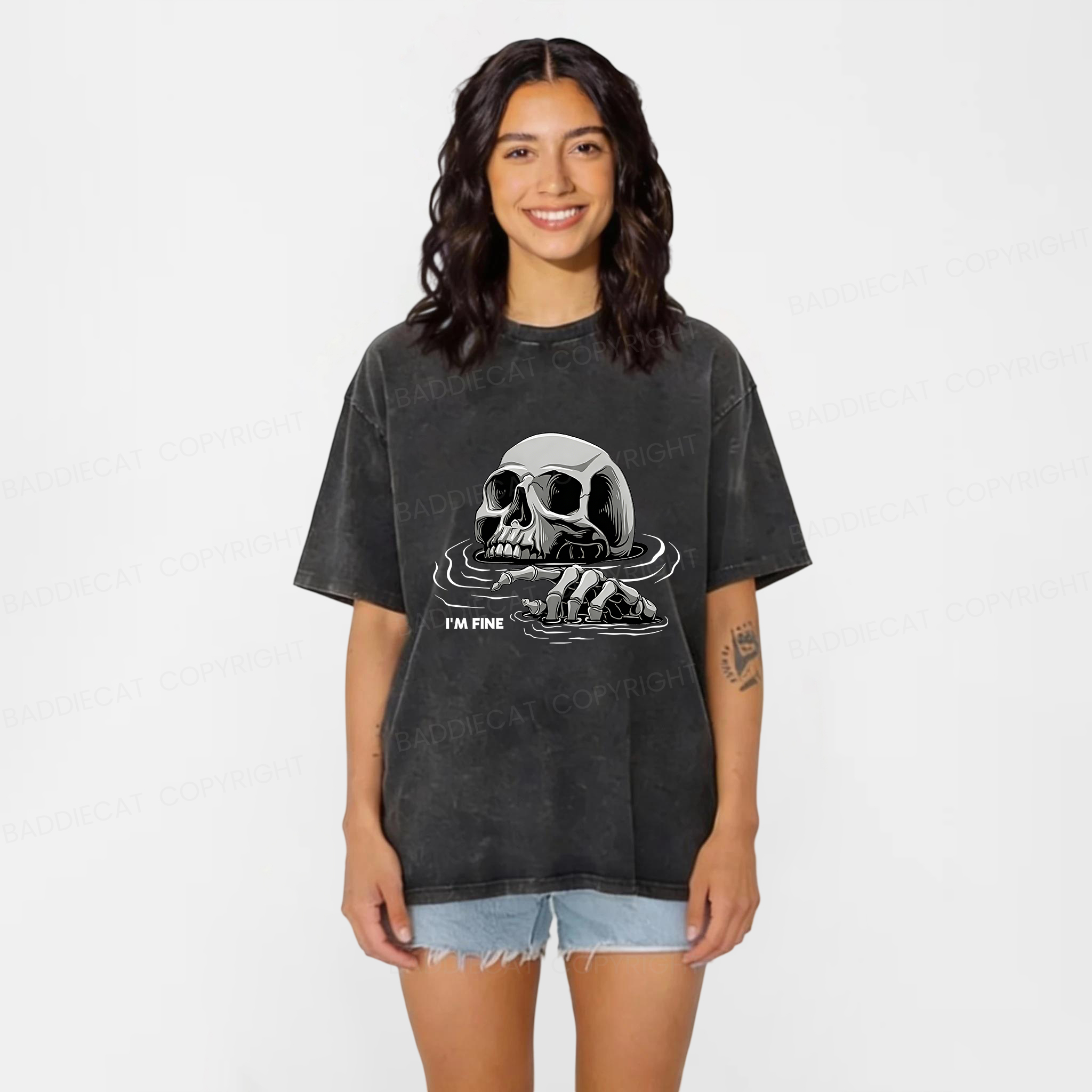 Baddiecat I'm Fine Drowning Skeleton Washed T-shirt