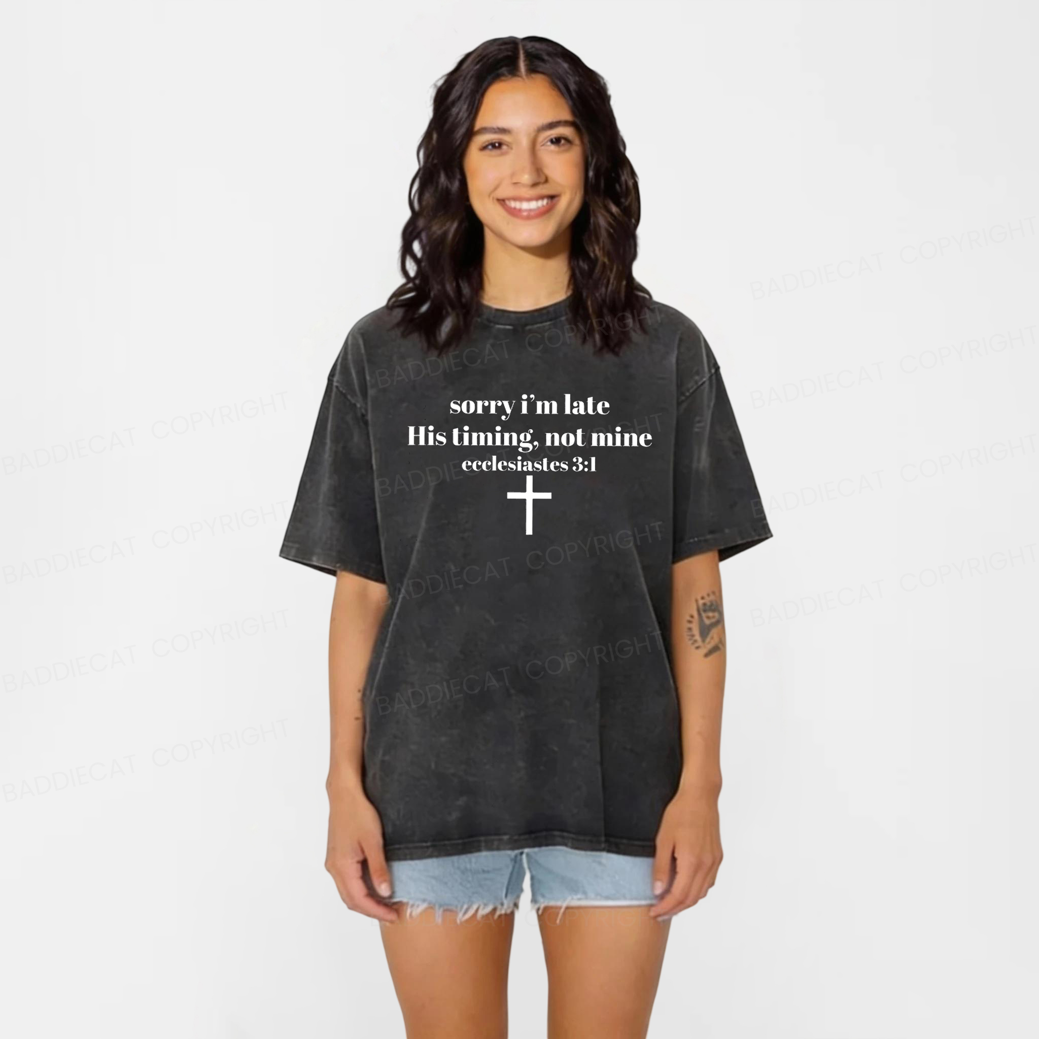 Baddiecat Sorry I’m Late His Timing Not Mine Washed T-shirt