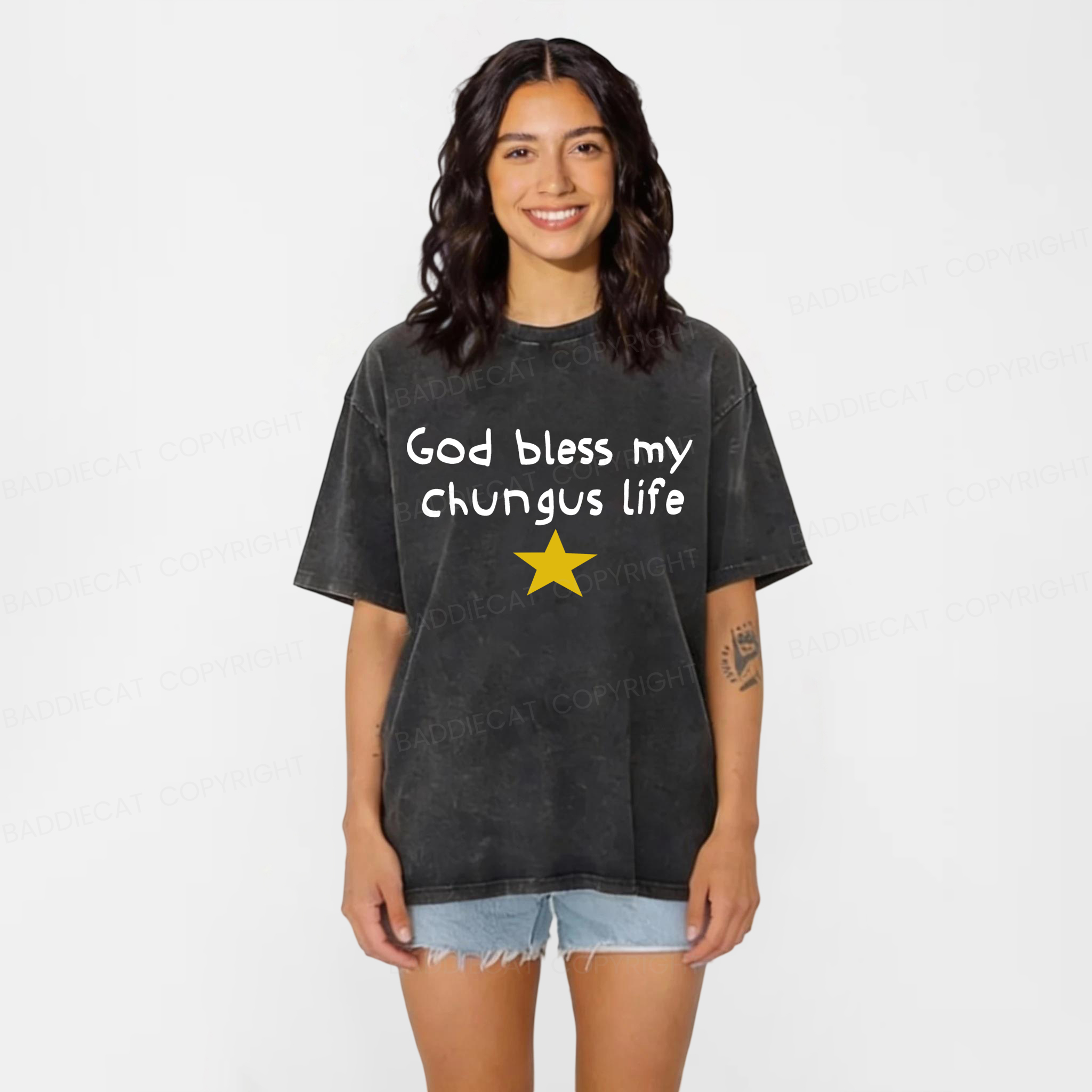 Baddiecat God Bless My Chungus Life Washed T-shirt