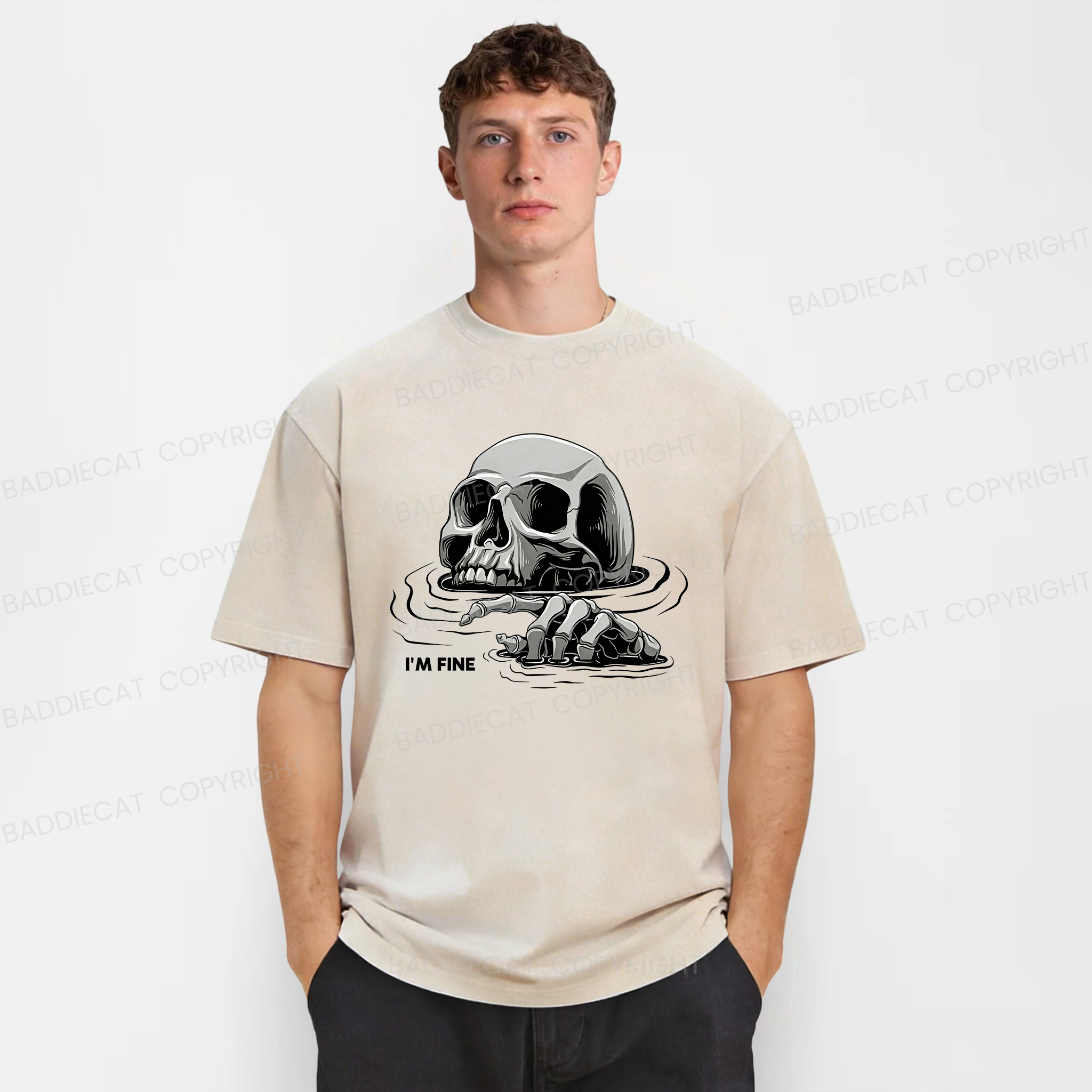 Baddiecat I'm Fine Drowning Skeleton Washed T-shirt
