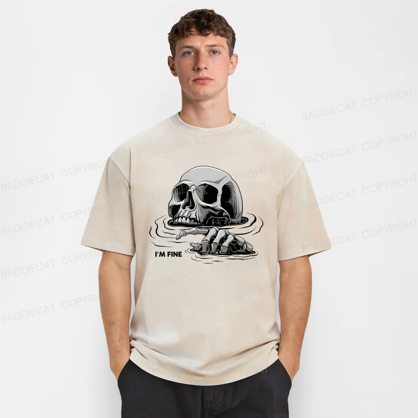 Baddiecat I'm Fine Drowning Skeleton Washed T-shirt