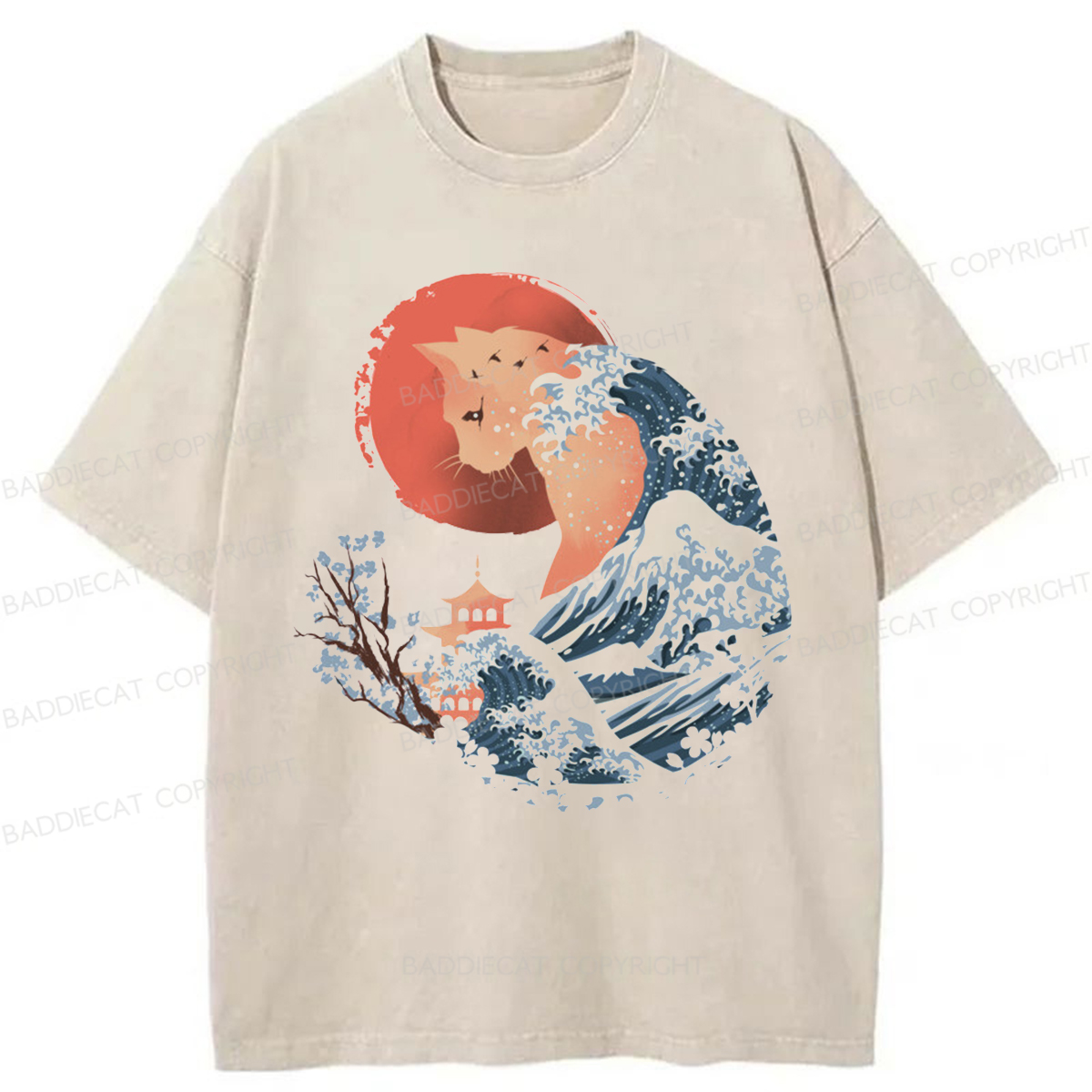 Baddiecat Japanese-style Cat Illustration Washed T-shirt