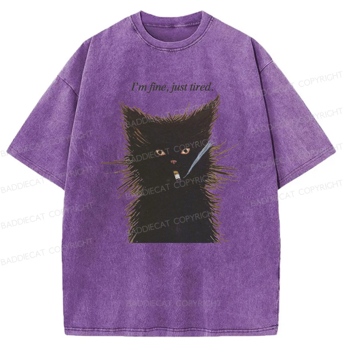Baddiecat I'm Fine Just Tired Cat Smoking Washed T-shirt