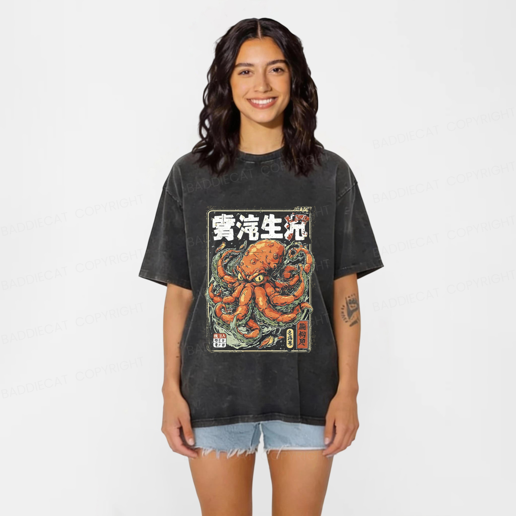 Baddiecat Monster Octopus Washed T-shirt