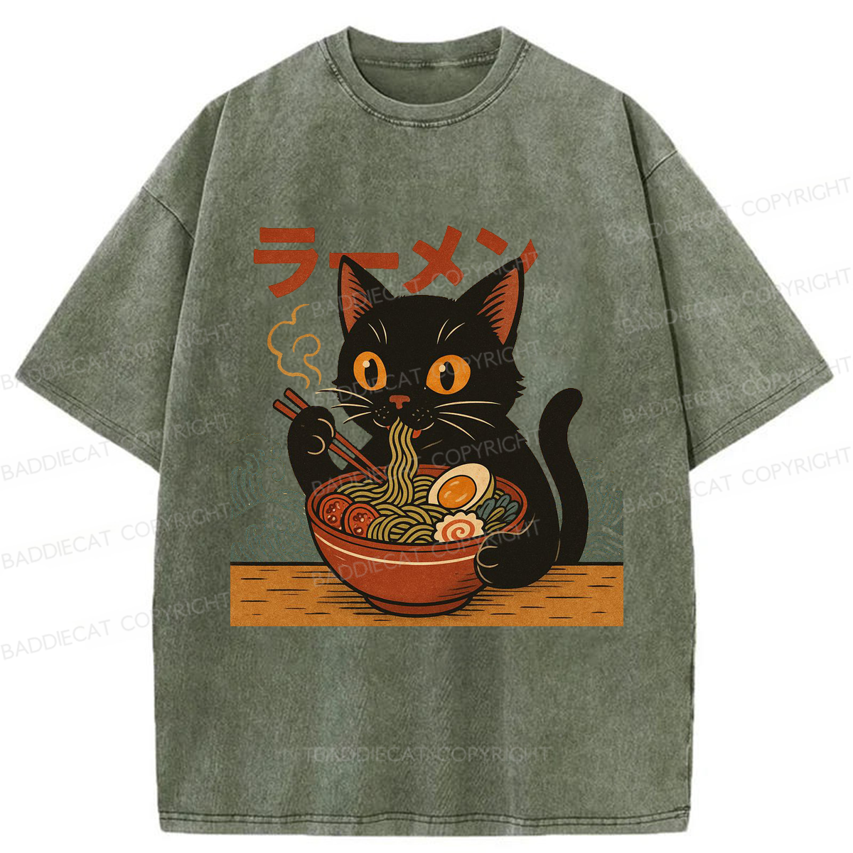 Baddiecat Japanese Black Cat Ramen Washed T-shirt