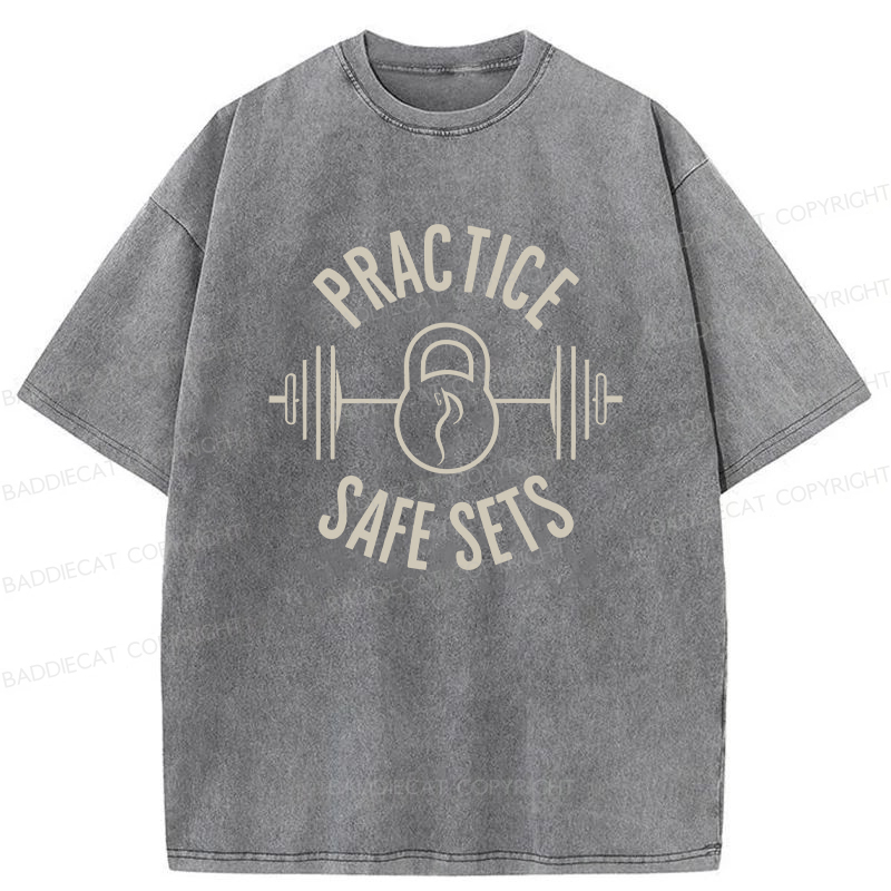 Baddiecat Practice Safe Sets Gym Washed T-shirt