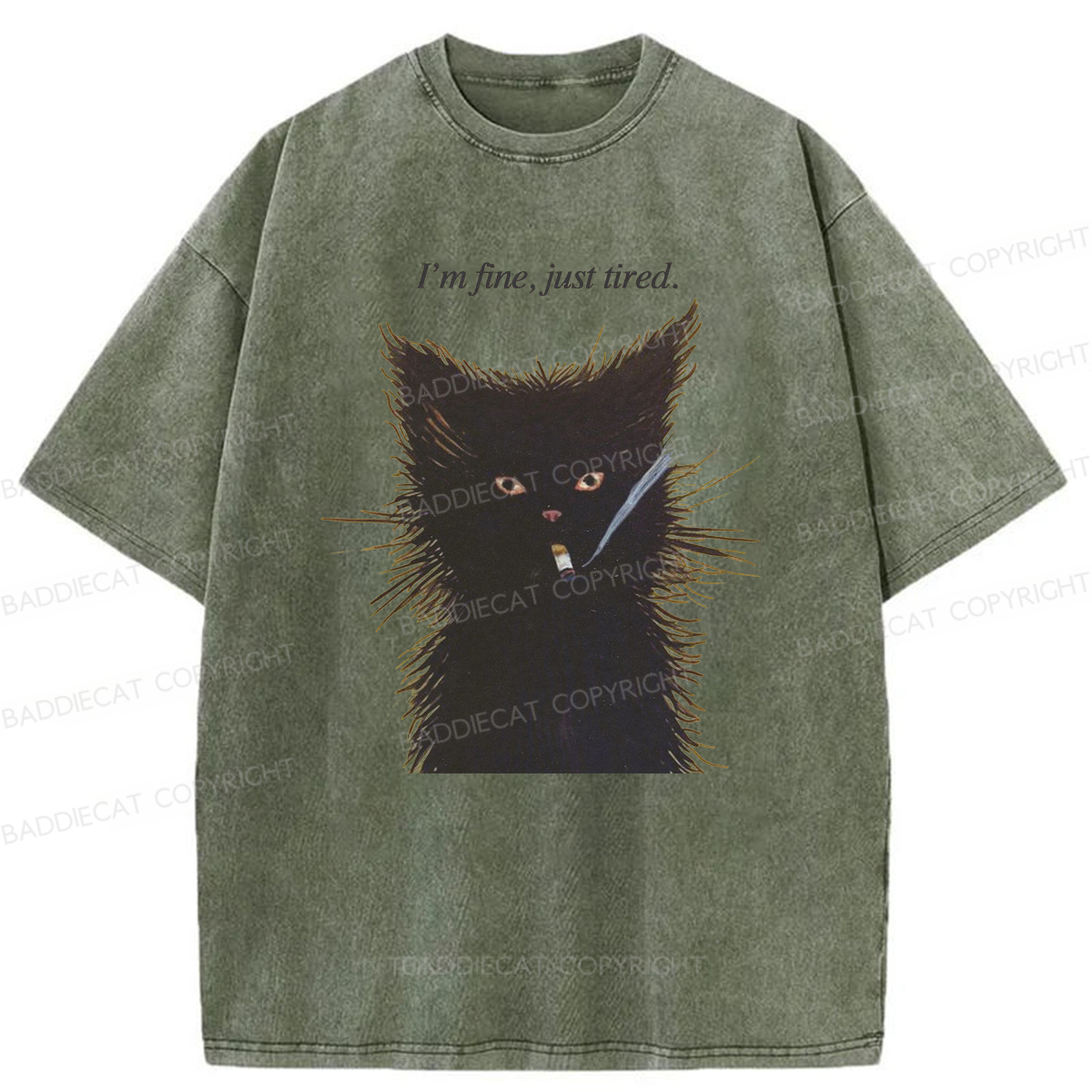 Baddiecat I'm Fine Just Tired Cat Smoking Washed T-shirt