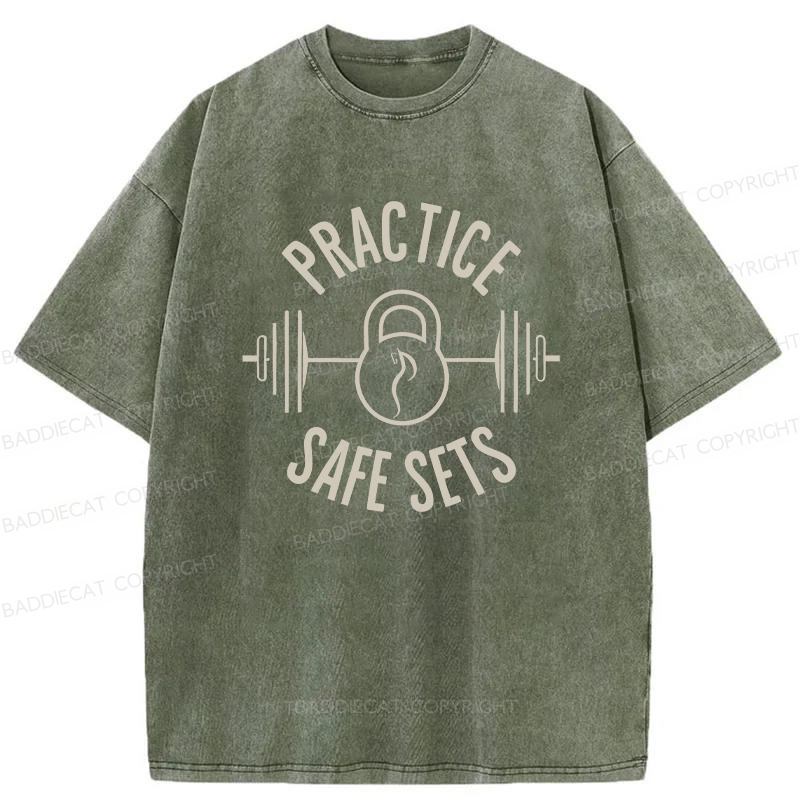 Baddiecat Practice Safe Sets Gym Washed T-shirt