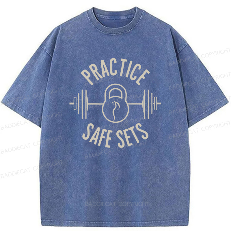 Baddiecat Practice Safe Sets Gym Washed T-shirt