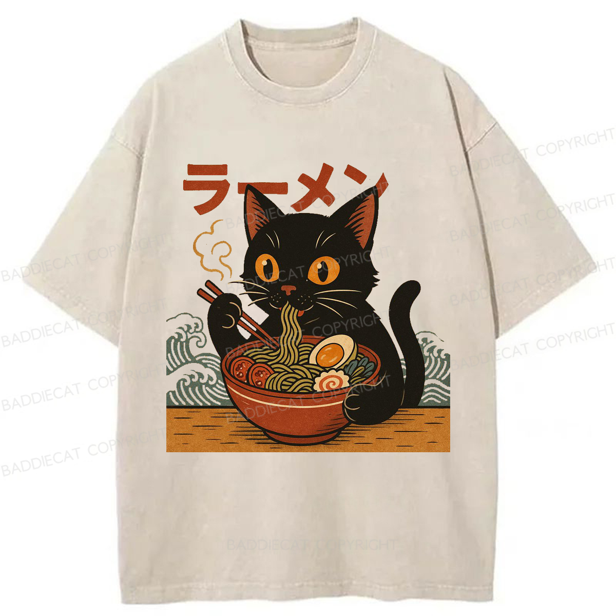 Baddiecat Japanese Black Cat Ramen Washed T-shirt