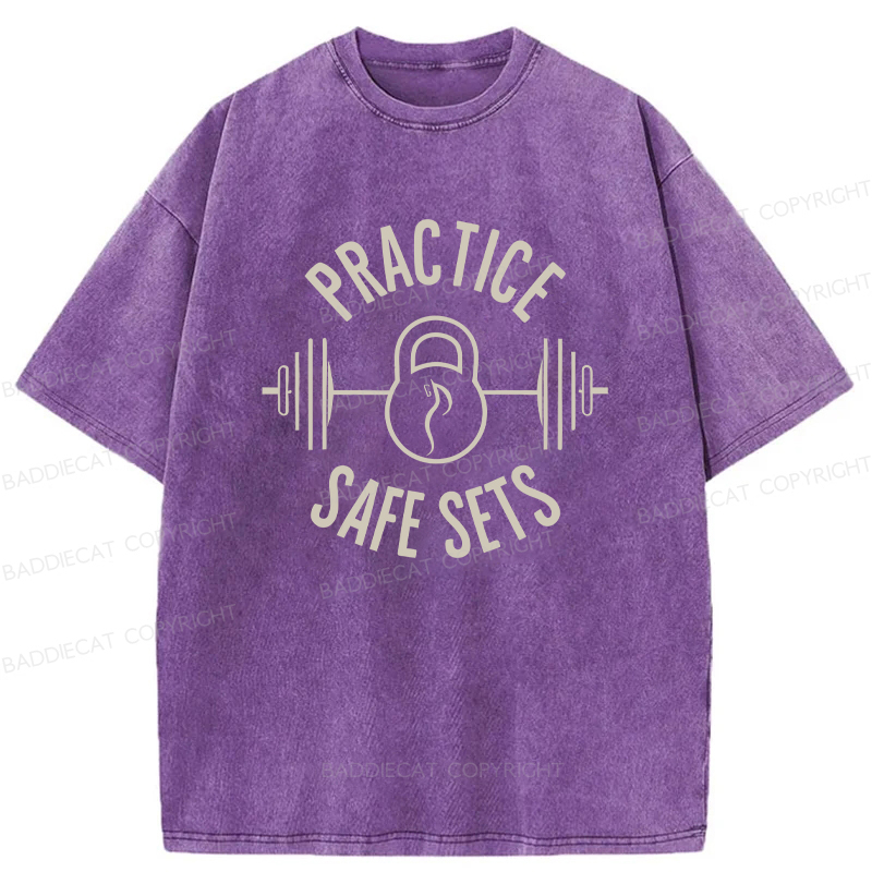 Baddiecat Practice Safe Sets Gym Washed T-shirt