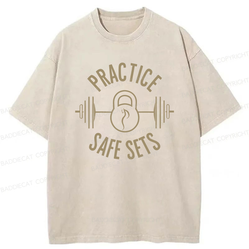 Baddiecat Practice Safe Sets Gym Washed T-shirt