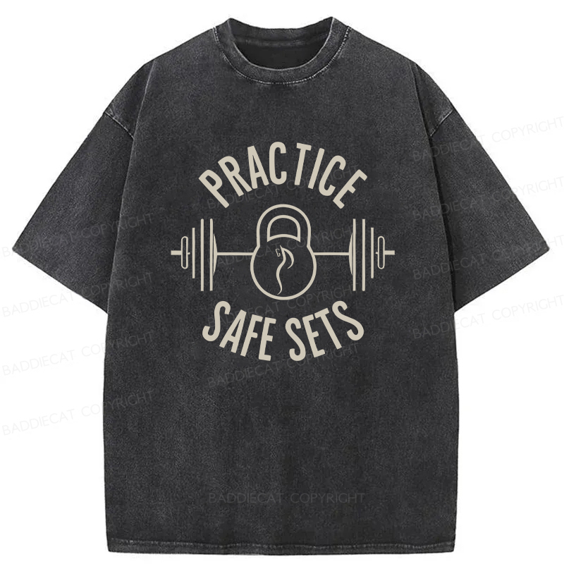 Baddiecat Practice Safe Sets Gym Washed T-shirt