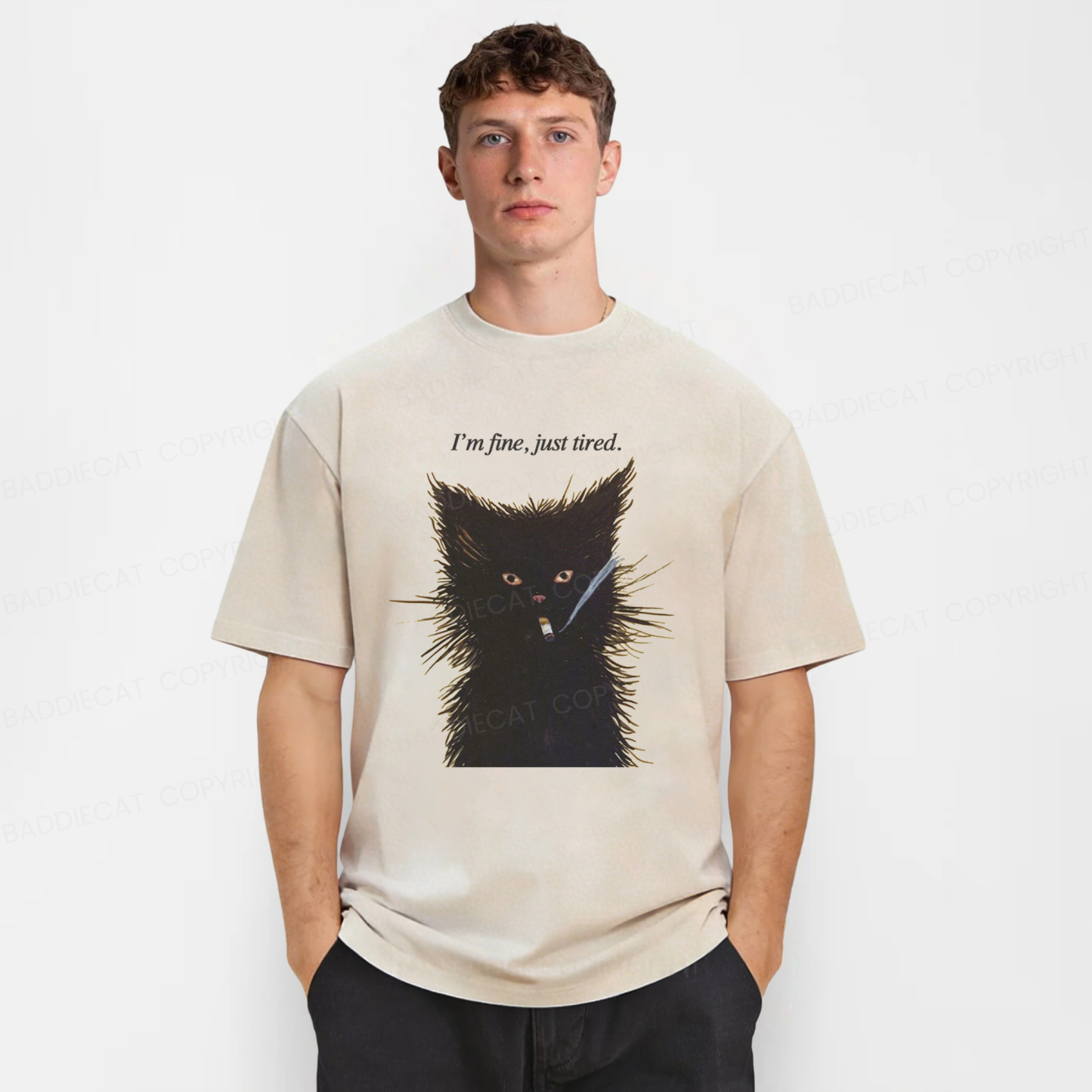 Baddiecat I'm Fine Just Tired Cat Smoking Washed T-shirt