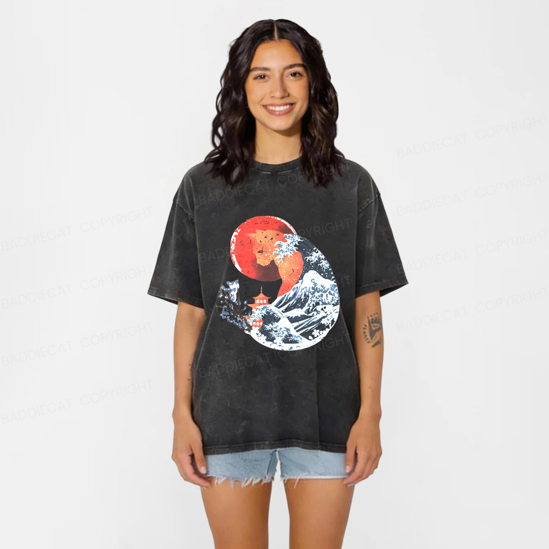 Baddiecat Japanese-style Cat Illustration Washed T-shirt