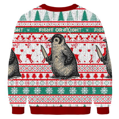 FIGHT OR FLIGHT Penguin Fun Christmas Ugly Sweatshirt