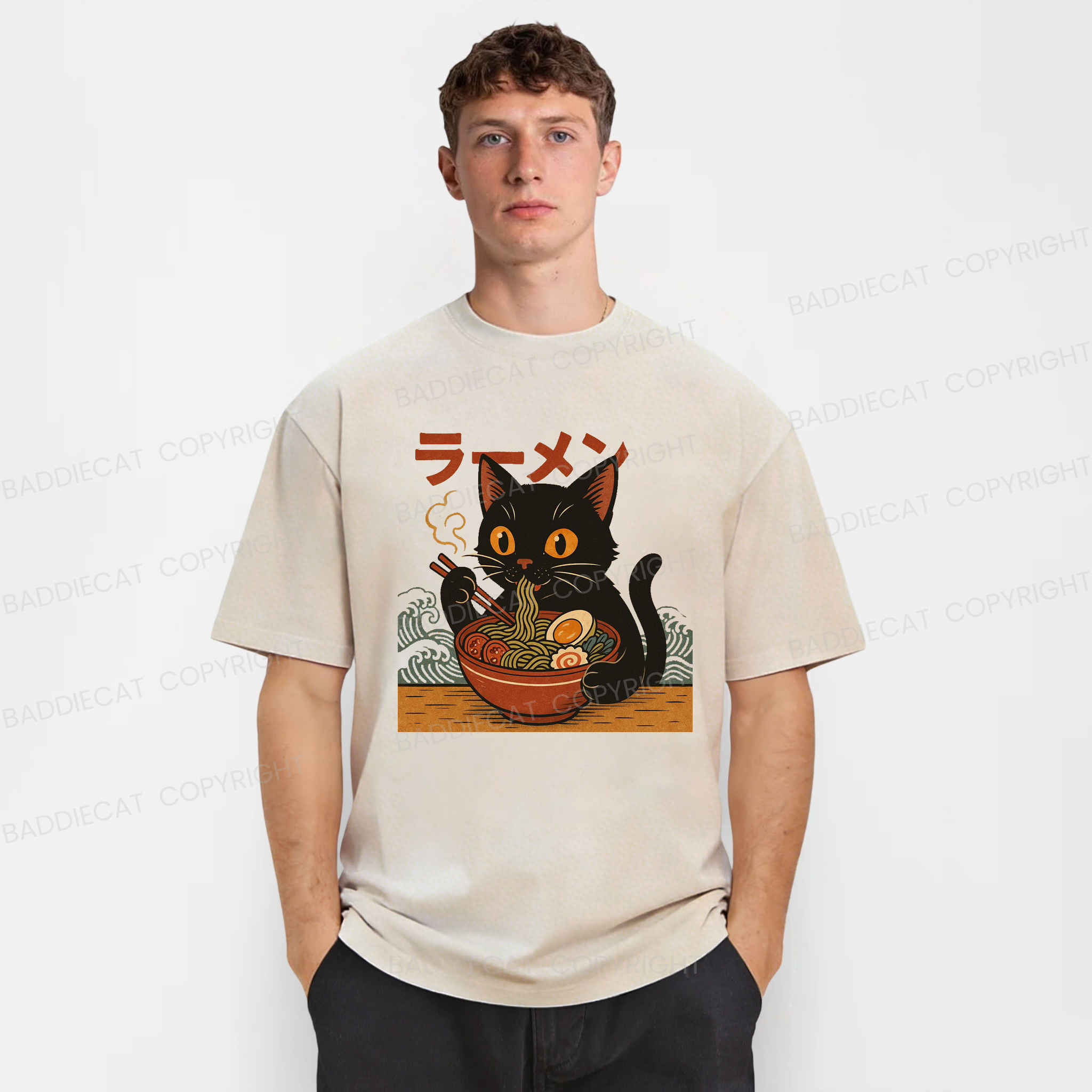 Baddiecat Japanese Black Cat Ramen Washed T-shirt
