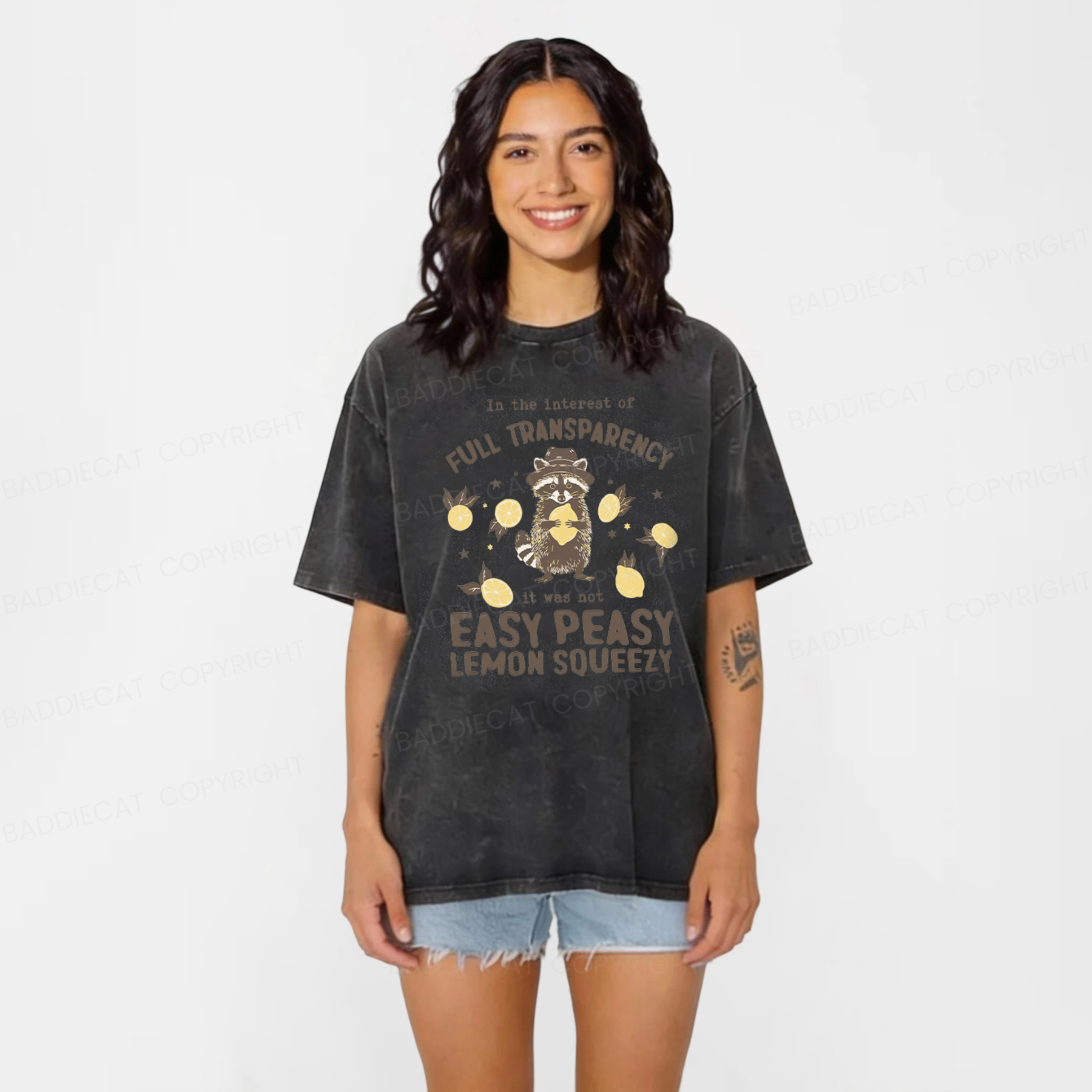 Baddiecat Raccoon Easy Peasy Lemon Squeezy Washed T-shirt