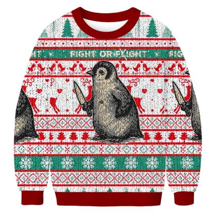 FIGHT OR FLIGHT Penguin Fun Christmas Ugly Sweatshirt