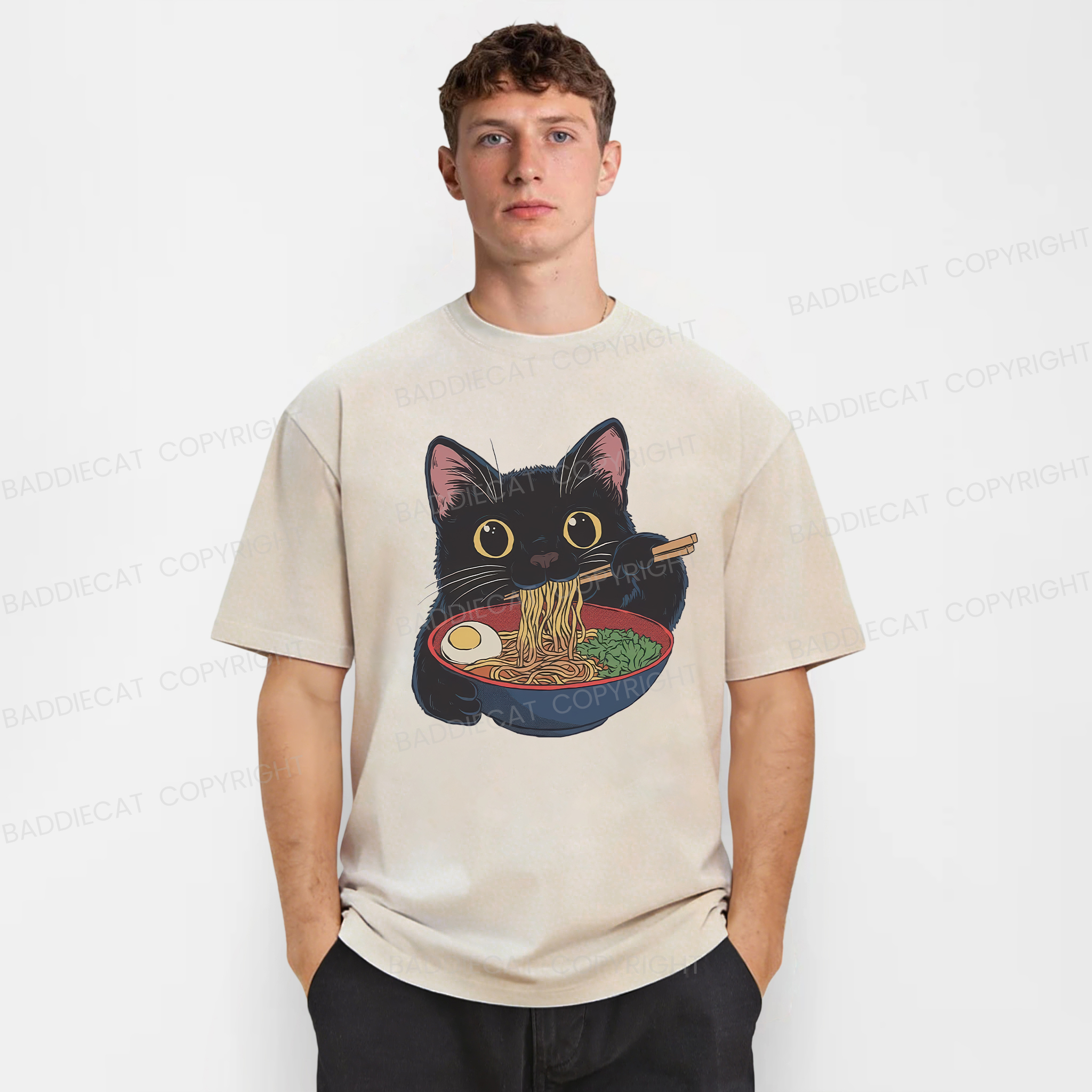Baddiecat Japanese Ramen Black Cat Washed T-shirt