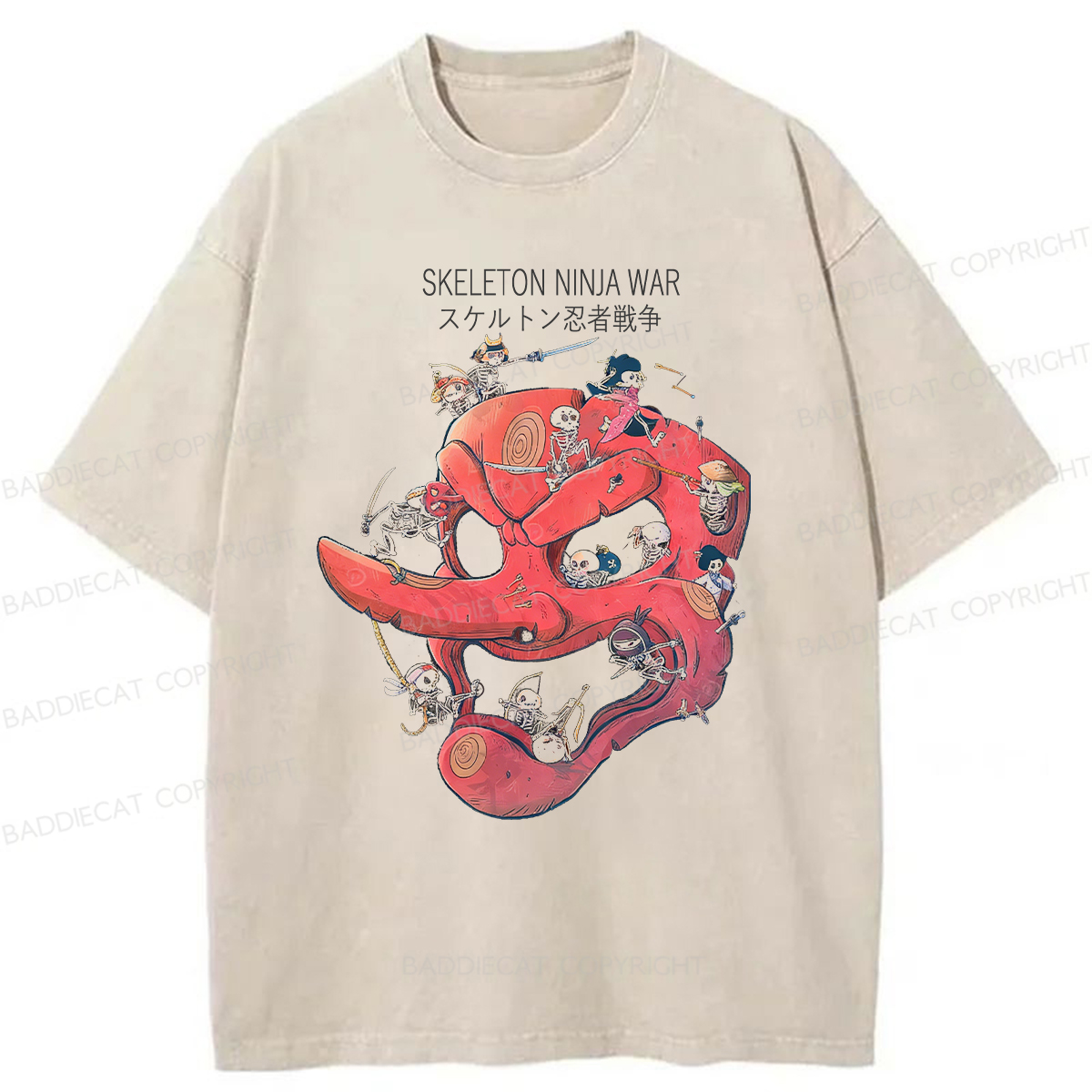 Baddiecat Skeleton Ninja War Washed T-shirt