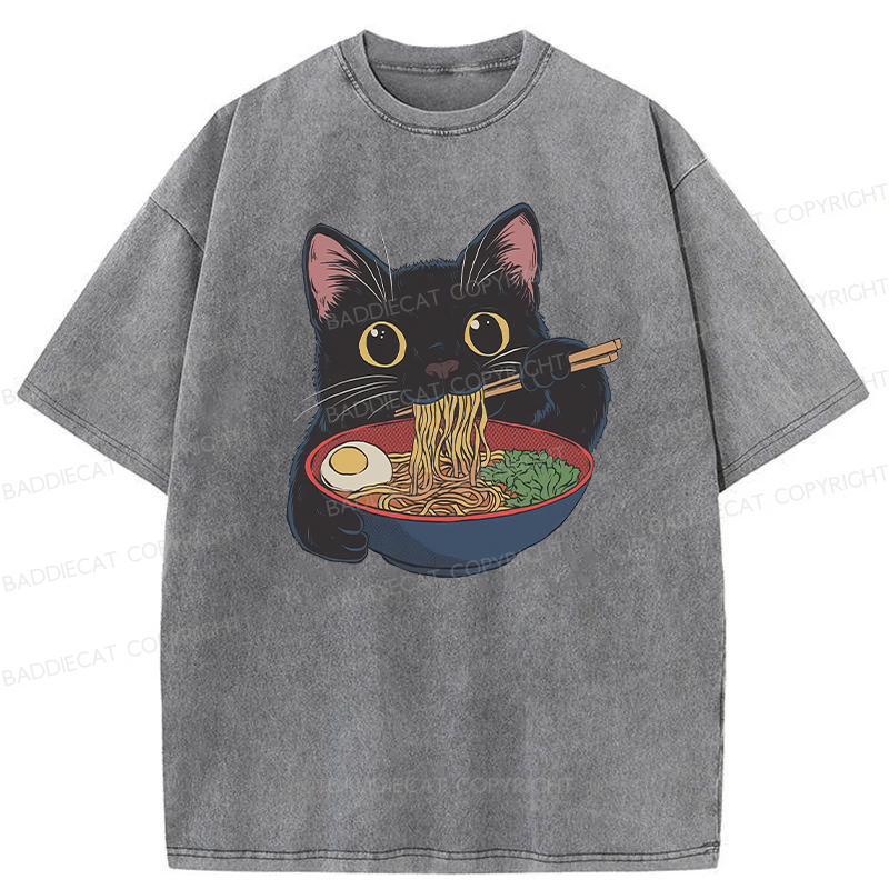 Baddiecat Japanese Ramen Black Cat Washed T-shirt