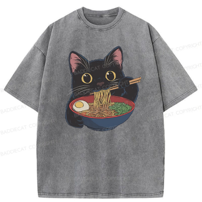 Baddiecat Japanese Ramen Black Cat Washed T-shirt