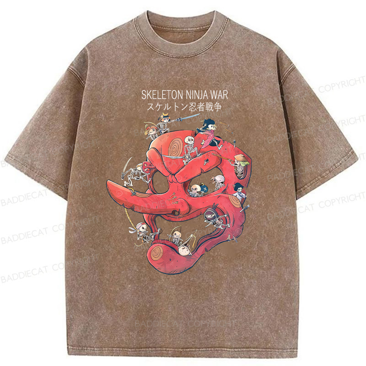 Baddiecat Skeleton Ninja War Washed T-shirt
