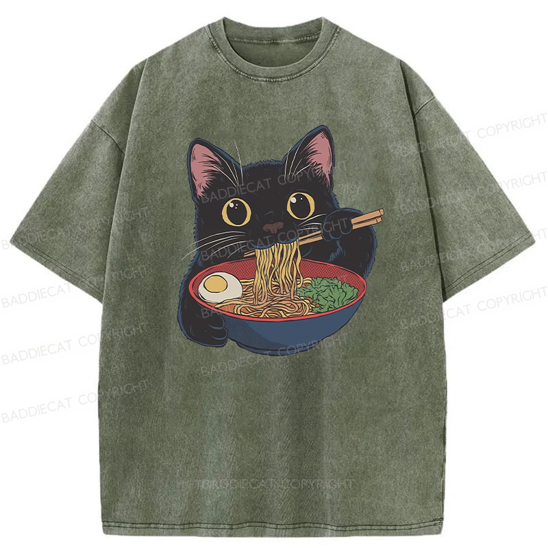 Baddiecat Japanese Ramen Black Cat Washed T-shirt