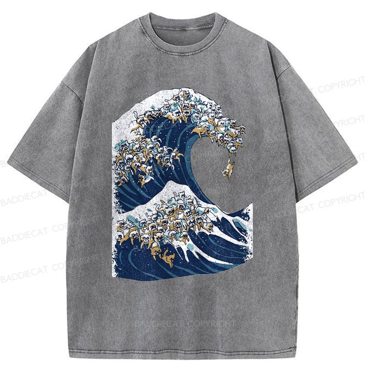 Baddiecat The Great Wave Of Cat Washed T-shirt