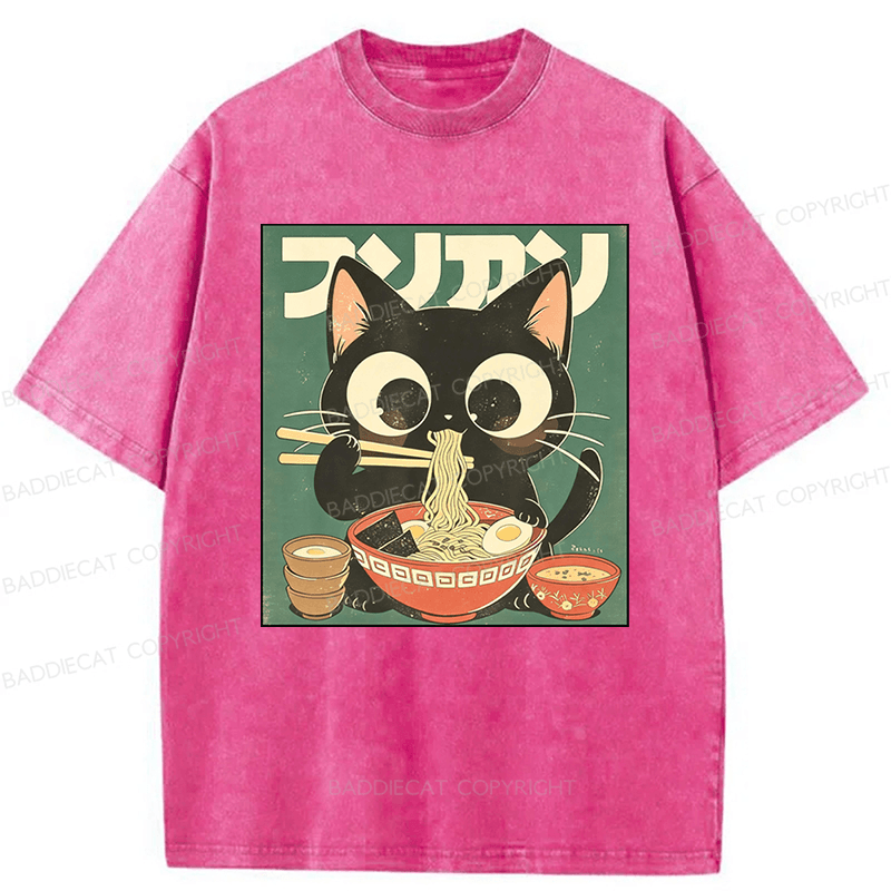 Baddiecat The Cat Eats Noodles Washed T-shirt