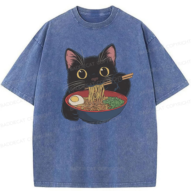 Baddiecat Japanese Ramen Black Cat Washed T-shirt