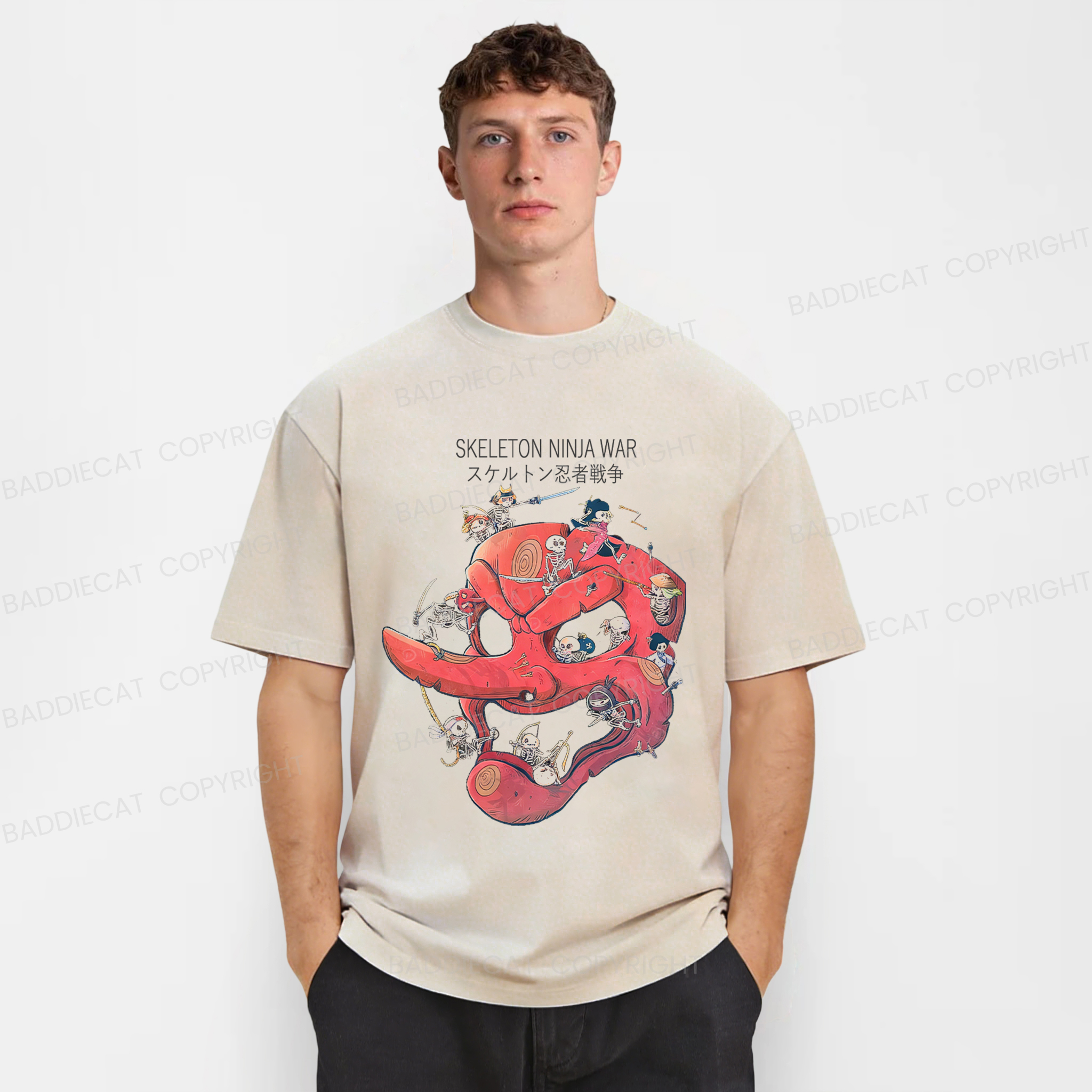 Baddiecat Skeleton Ninja War Washed T-shirt