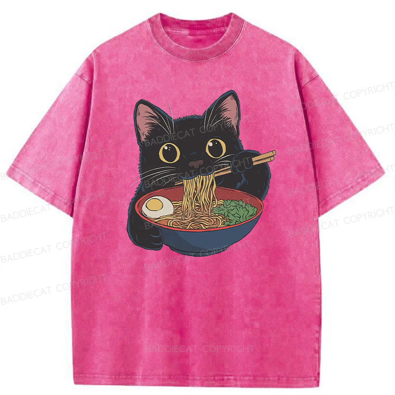 Baddiecat Japanese Ramen Black Cat Washed T-shirt