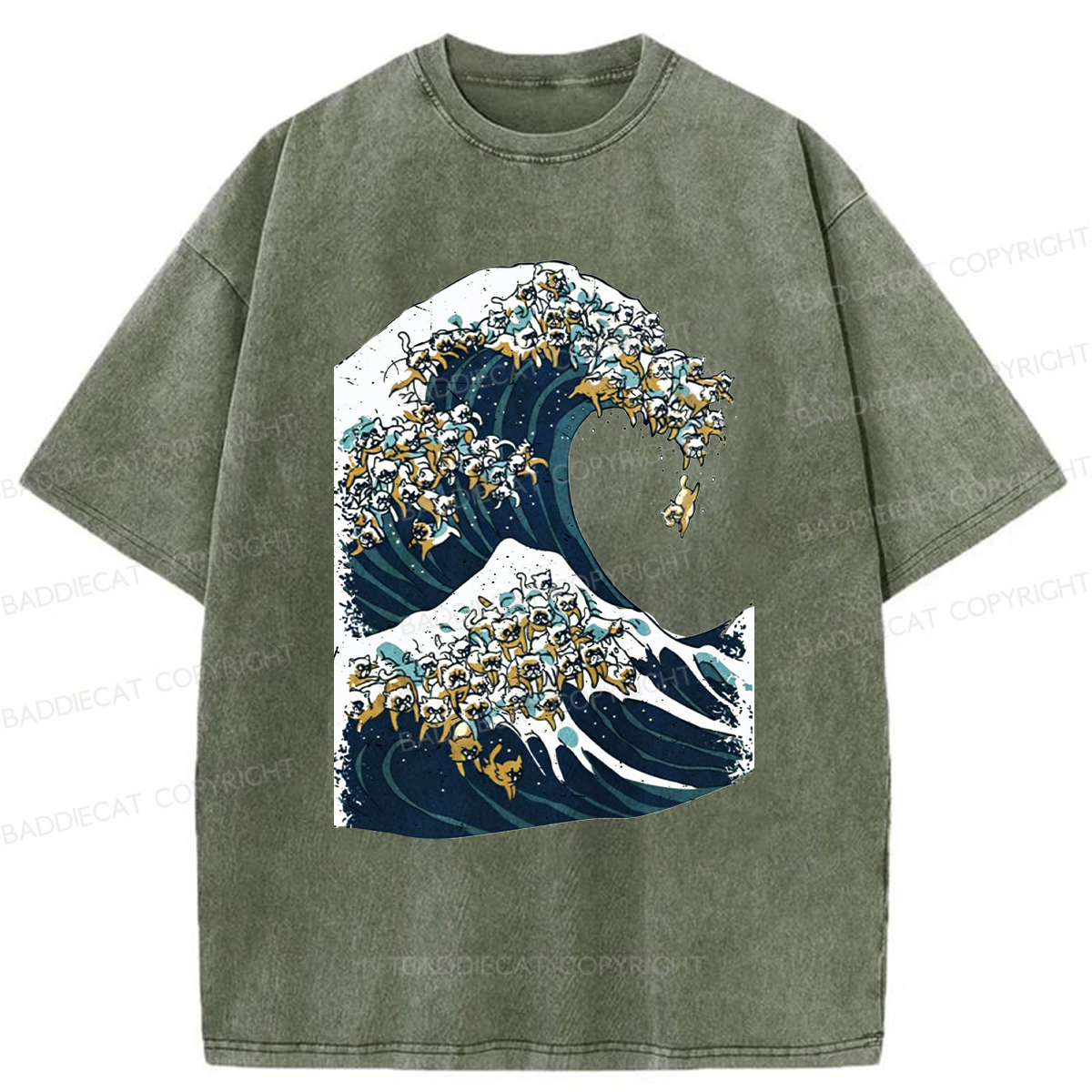 Baddiecat The Great Wave Of Cat Washed T-shirt