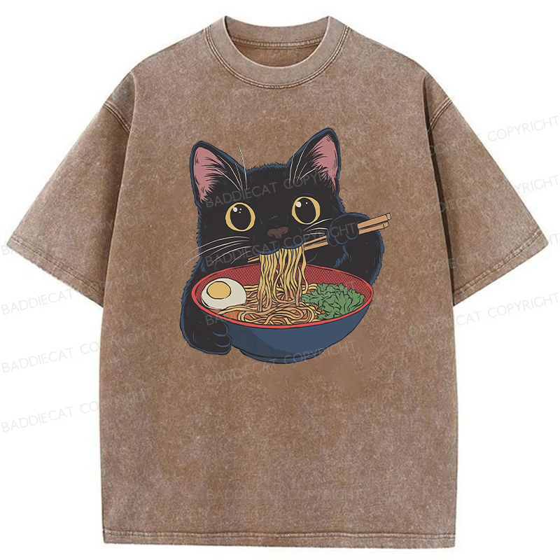 Baddiecat Japanese Ramen Black Cat Washed T-shirt