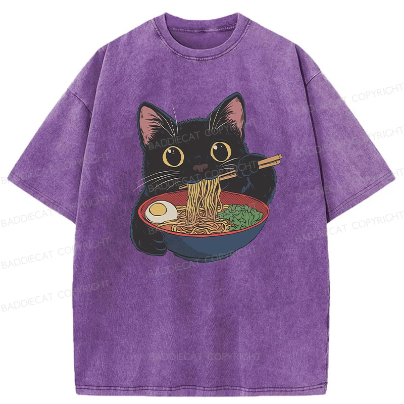 Baddiecat Japanese Ramen Black Cat Washed T-shirt