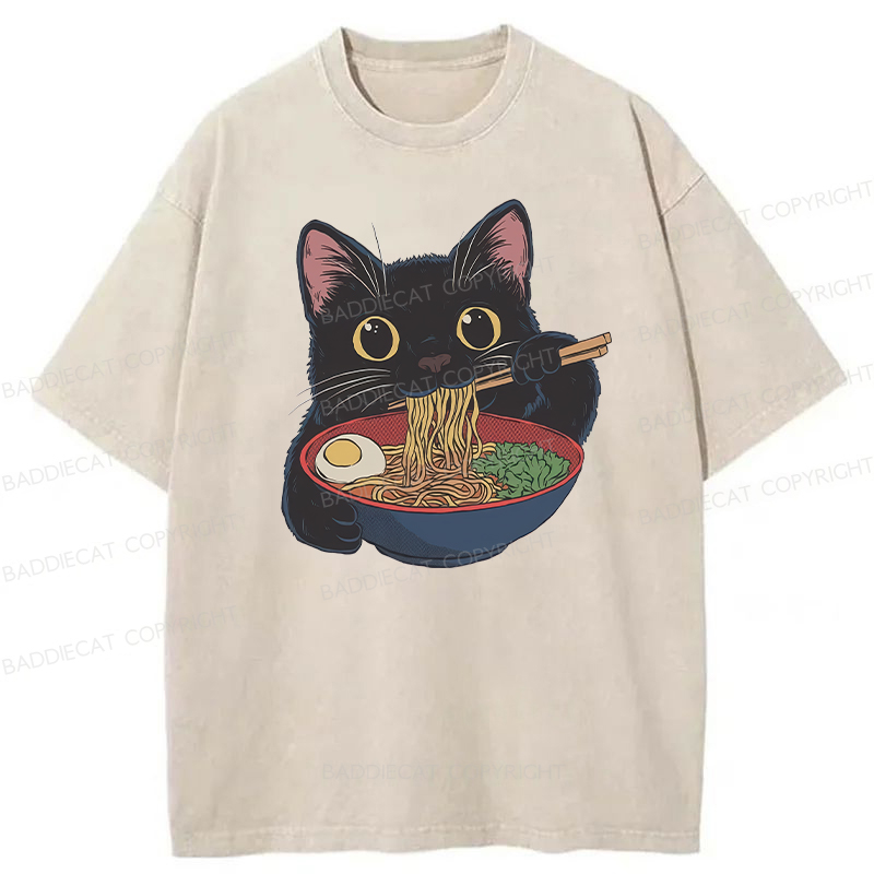 Baddiecat Japanese Ramen Black Cat Washed T-shirt