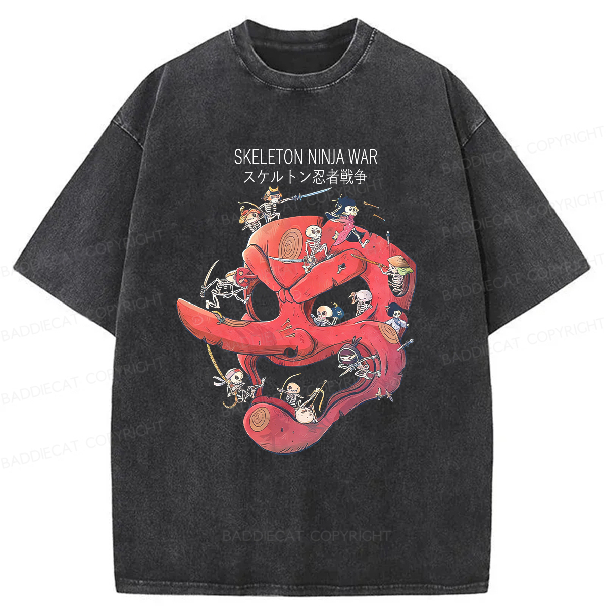 Baddiecat Skeleton Ninja War Washed T-shirt