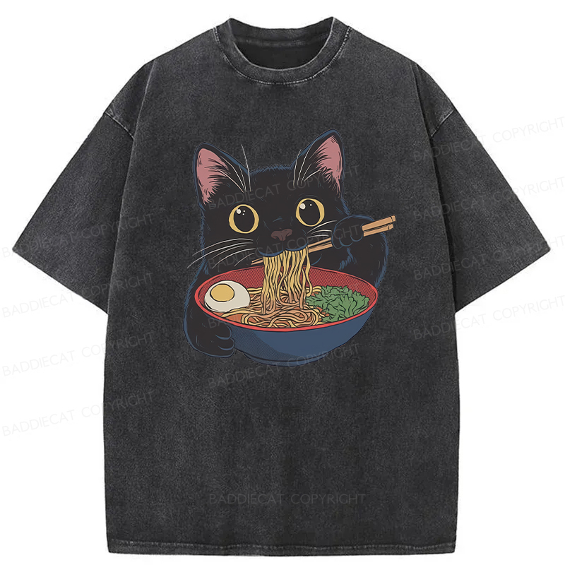 Baddiecat Japanese Ramen Black Cat Washed T-shirt