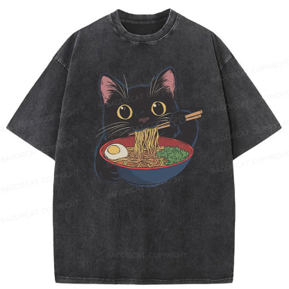 Baddiecat Japanese Ramen Black Cat Washed T-shirt