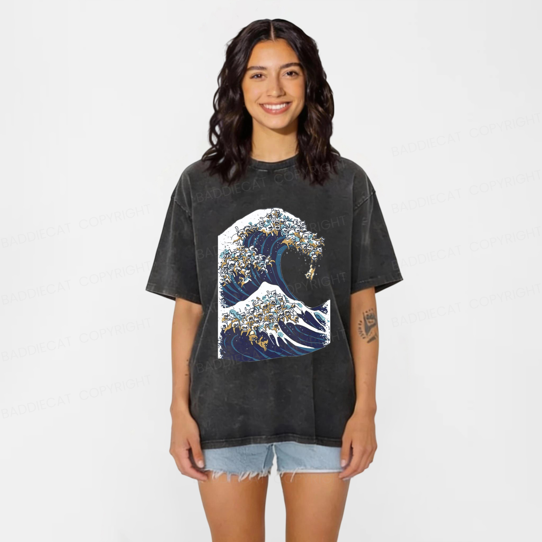 Baddiecat The Great Wave Of Cat Washed T-shirt